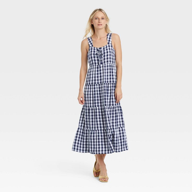 Women&#39;s Sleeveless Lace-Up Dress - Who What Wear&#8482; Navy Blue Gingham L | Target