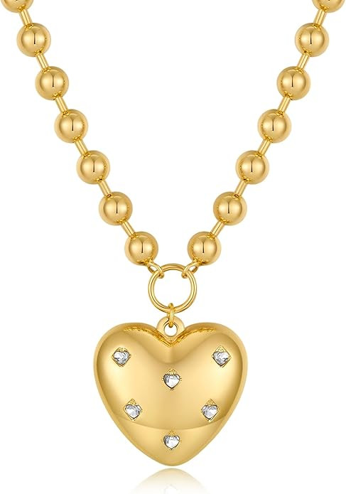 CLASSYZINT Gold Heart Pendant Necklace for Women Puffy Heart Necklace Beads Chain Necklace Statem... | Amazon (US)