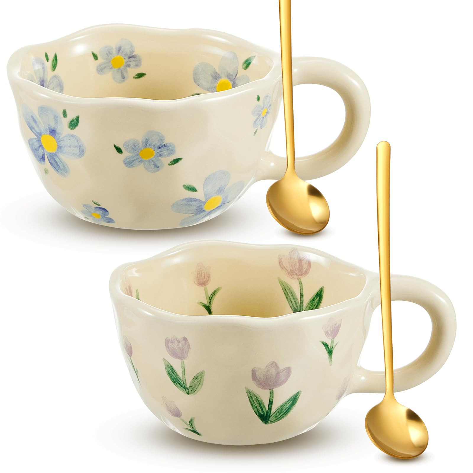 Vesici 2 Pcs Ceramic Coffee Mugs Flower Cups with Spoon Vintage Floral Mugs with Handle 8.5 oz Ae... | Amazon (US)