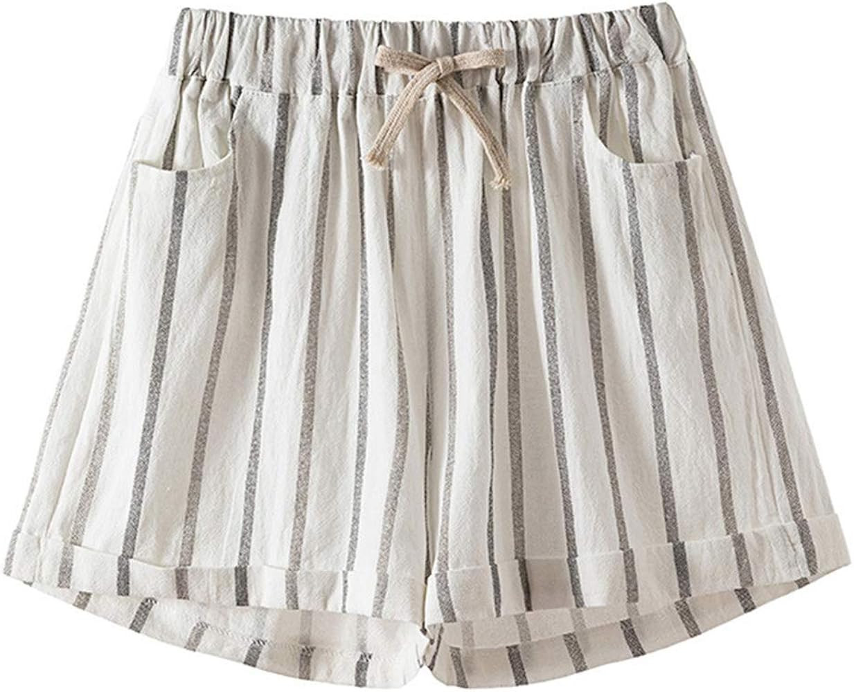 Gihuo Women's Casual Elastic Waist Striped Drawstring Cotton Line Shorts | Amazon (US)