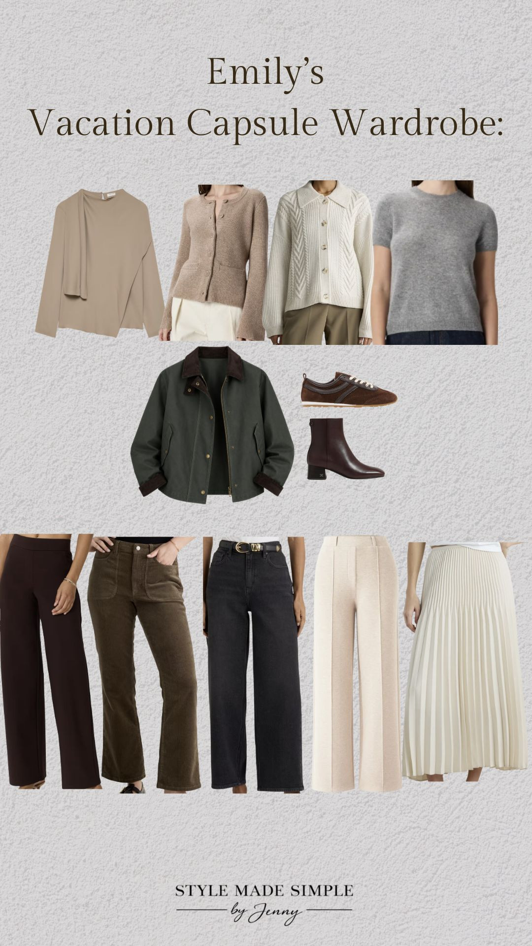 Just 10 pieces. Endless outfit possibilities. ✨

From exploring the Scottish Highlands...to high tea in London. 🇬🇧 From overnight flights and train rides...to rehearsal dinners and evenings out. This custom vacation capsule was designed so every piece mixes and matches effortlessly, making packing lighter and getting dressed easier. ✈️🤍

Ready for a wardrobe that's customized to your trip, style, body type, and budget? 

Book your custom capsule at stylemadesimplebyjenny.com.



vacation capsule wardrobe • Europe vacation outfits • Scotland outfit ideas • London outfits • carry-on packing • travel capsule wardrobe • mix and match outfits • chic travel style • effortless vacation outfits • neutral travel wardrobe • personal stylist • capsule wardrobe 

 #LTKTravel