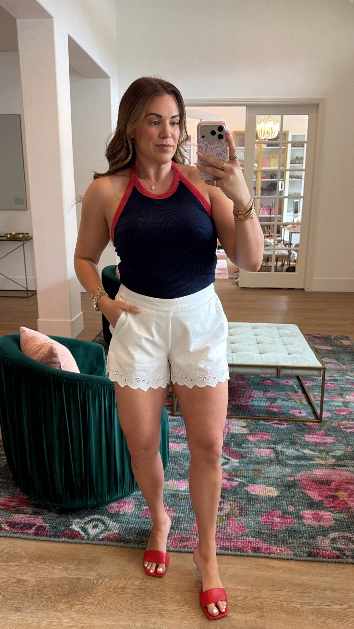 curvy midsize 4th of July red white and blue outfit! wearing size medium in navy with red trim halter top and size medium in eyelet trim white shorts ❤️🤍💙  outfit on sale!

#LTKSeasonal #LTKMidsize #LTKSaleAlert