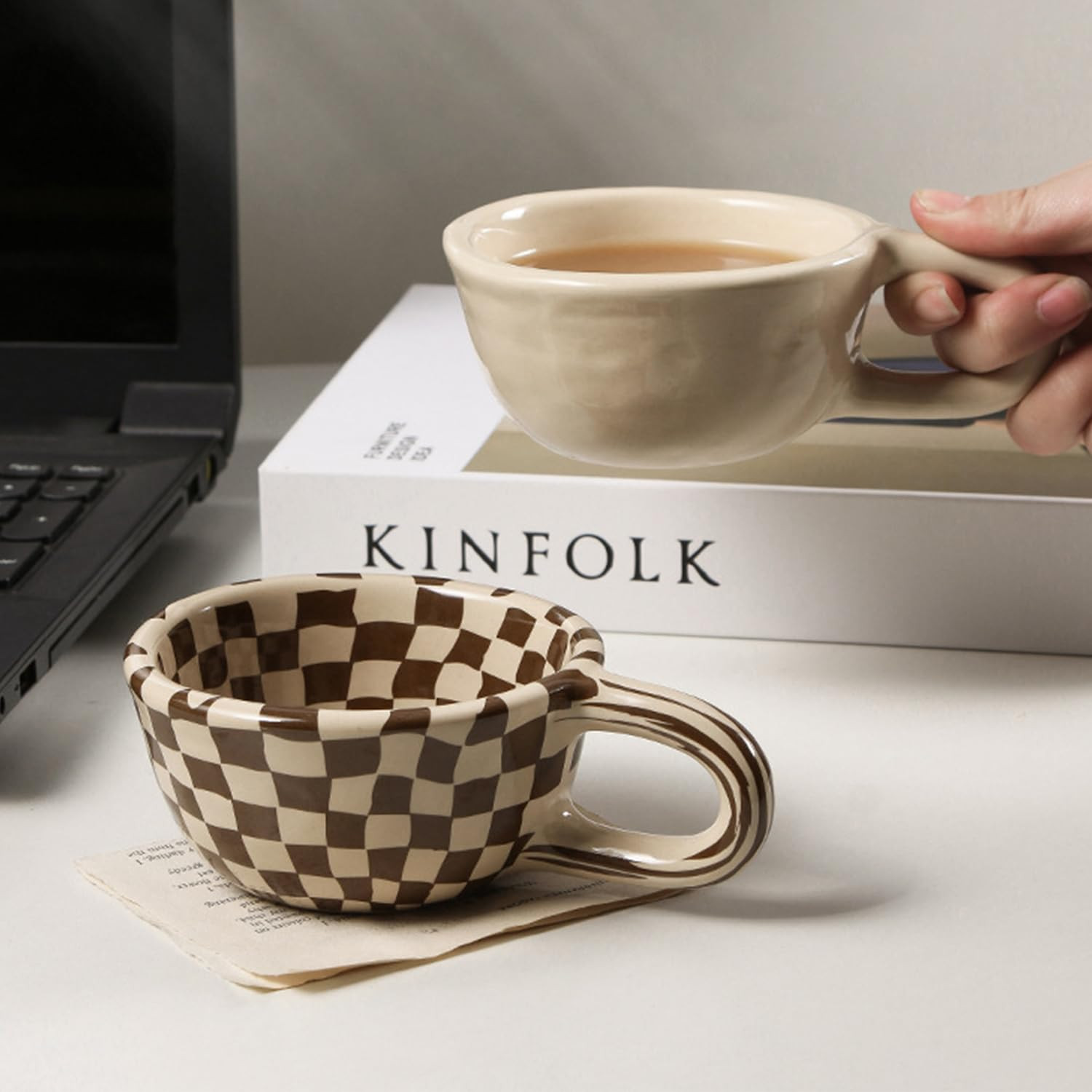 Brown Checkered Coffee Mug, Novelty Black and White Plaid Cup With Saucer for Office and Home, Te... | Amazon (US)