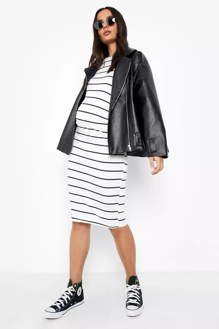 Maternity Striped 3/4 Sleeved Midi Dress | Boohoo.com (US & CA)