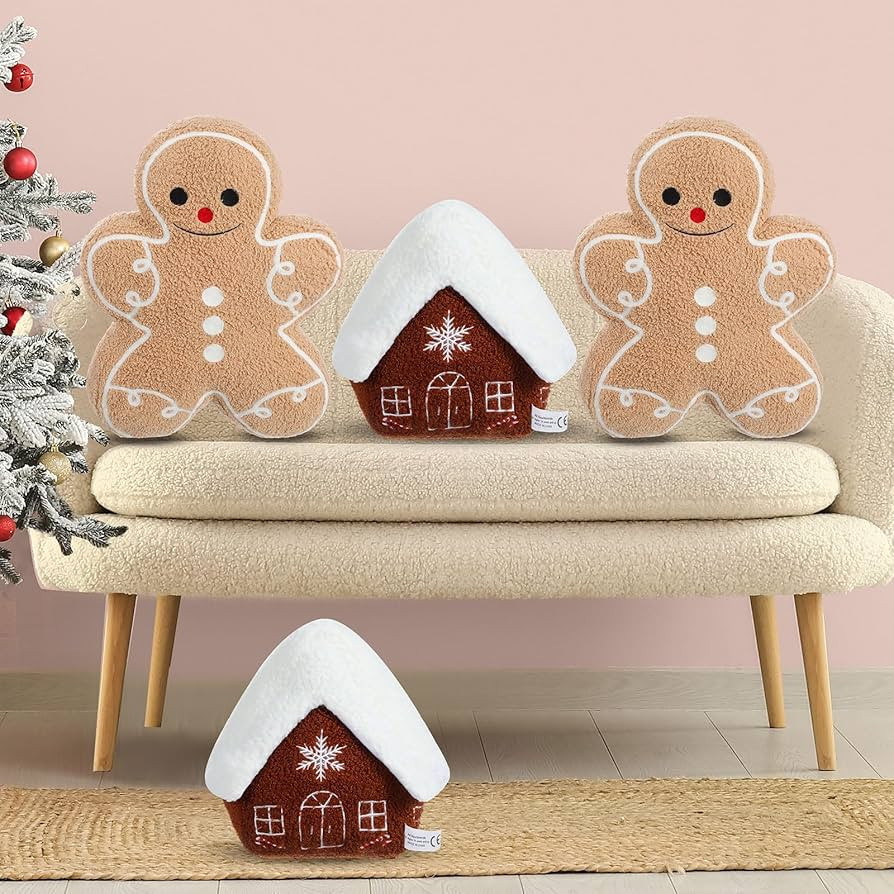 4 Pcs Gingerbread House Christmas Throw Pillow, Christmas Gingerbread Man Pillow Gingerbread Shap... | Amazon (US)
