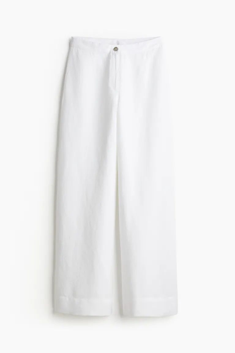 Linen-blend trousers - High waist - Long - White - Ladies | H&M GB | H&M (UK, MY, IN, SG, PH, TW, HK)