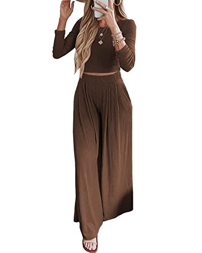 BTFBM Women's Two Piece Lounge Set Long Sleeve Bodycon Ribbed Knit Crop Top Loose Wide Leg Pant C... | Amazon (US)
