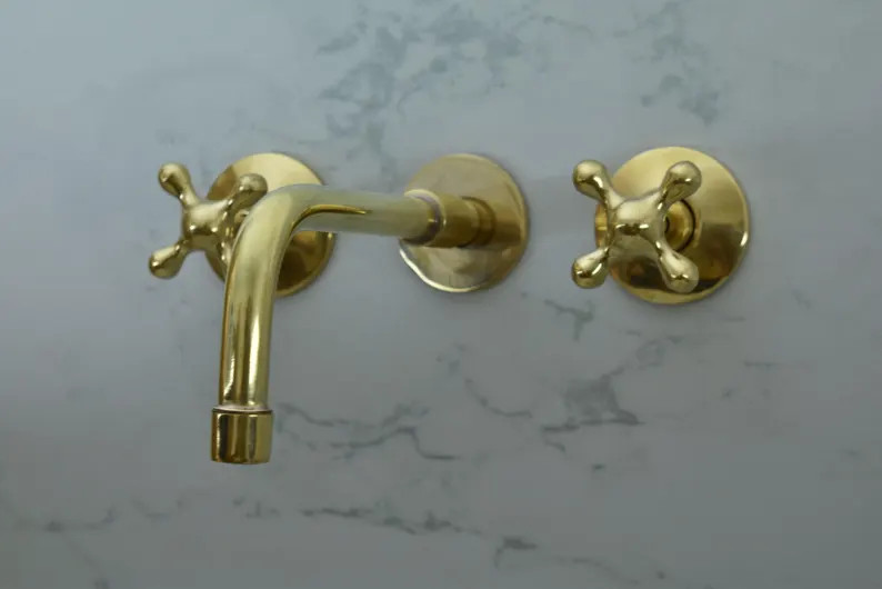 Unlacquered Brass Wall Mount Built in Bathroom Vanity Sink Faucet With Cross Handles - Etsy UK | Etsy (US)