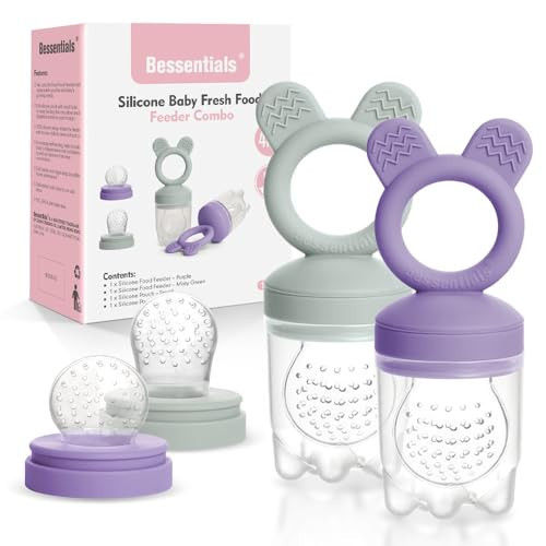 Bessentials Baby Fresh Fruit Food Feeder - 2 Pack Silicone Baby Mesh Feeders for Infant Safe Self Feeding |3 Sizes Food Pouches Included| Suitable for Baby 4m+（ Purple+Misty Green） | Amazon (US)