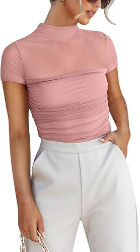 REORIA Women's Sexy Mock Turtle Neck Short Sleeve Shirts Sheer Mesh Ruched Trendy Going Out Bodys... | Amazon (US)