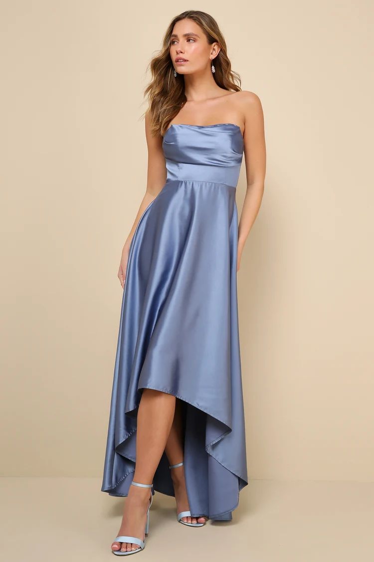 Outstanding Charm Slate Blue Satin Strapless High-Low Maxi Dress | Lulus
