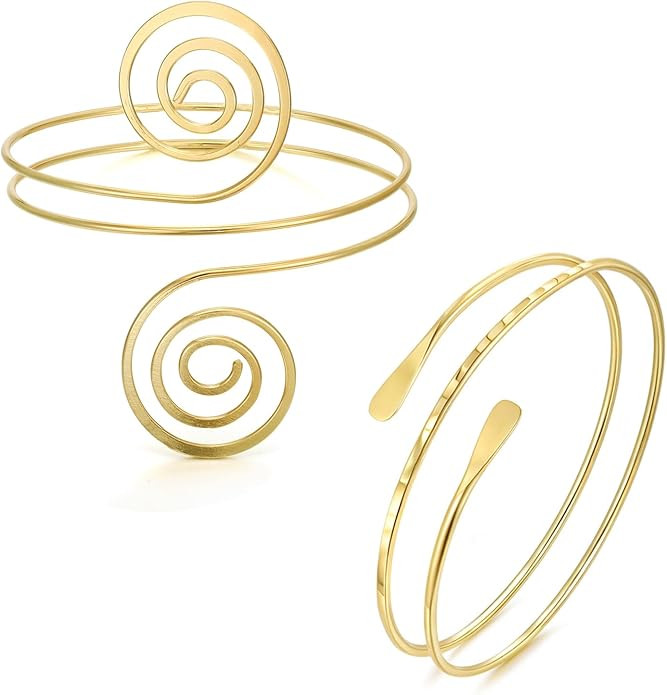 BOMAIL 2Pcs Gold Arm Cuff Bracelets Set for Women Open Adjustable Upper Arm Bangles Coil Swirl Ar... | Amazon (US)