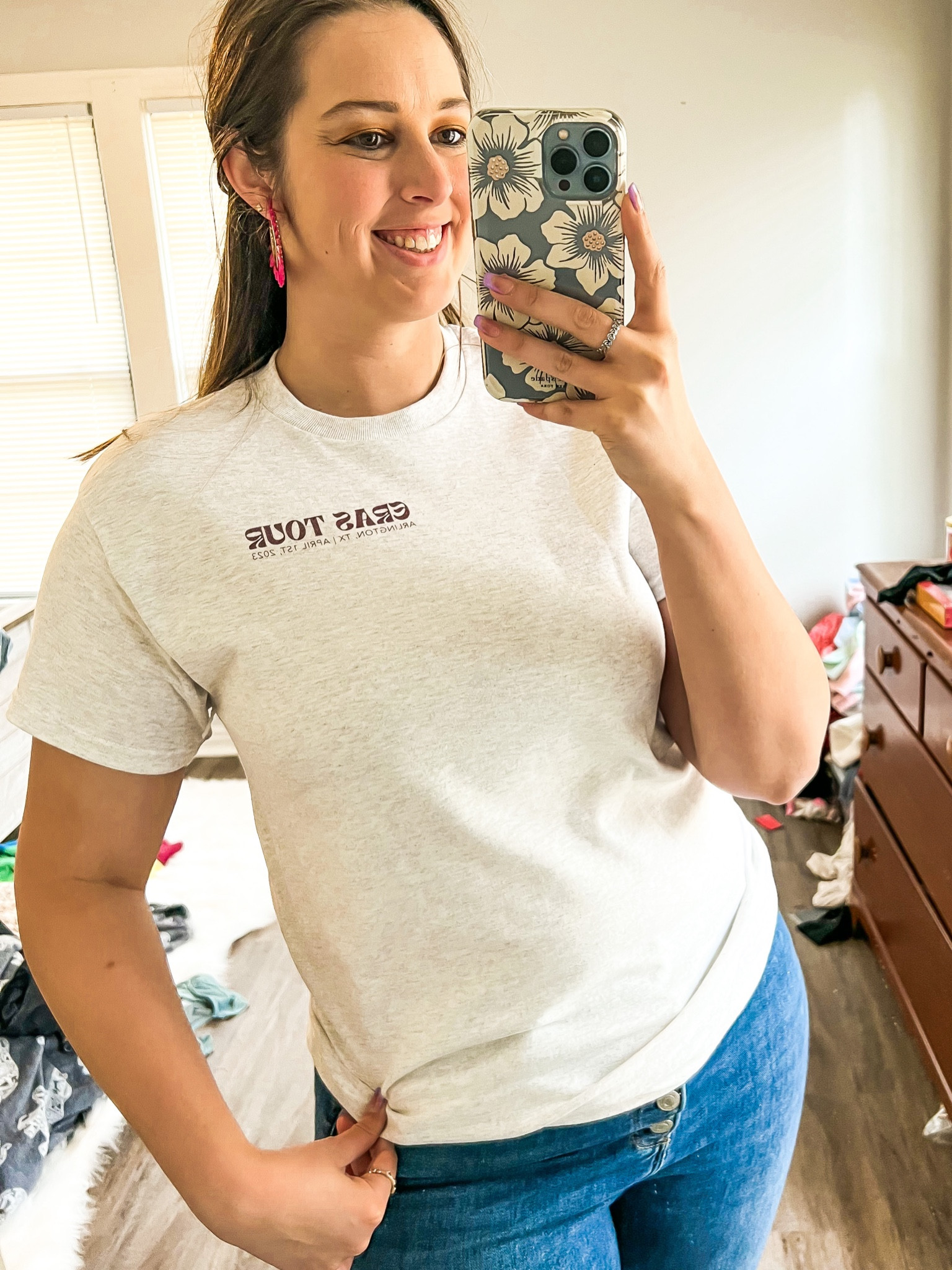 Eras tour customs shirt to concert attended - front says eras tour. Back has the night attended with surprise songs and opening acts listed. Wearing size medium in grey wash. 

Midsize, midsize outfit, Taylor swift concert, ootd, Outfit inspo, eras tour shirt, Taylor swift merch, affordable Outfit, Etsy find, small business find, casual outfit 

#LTKunder50 #LTKFind #LTKFestival