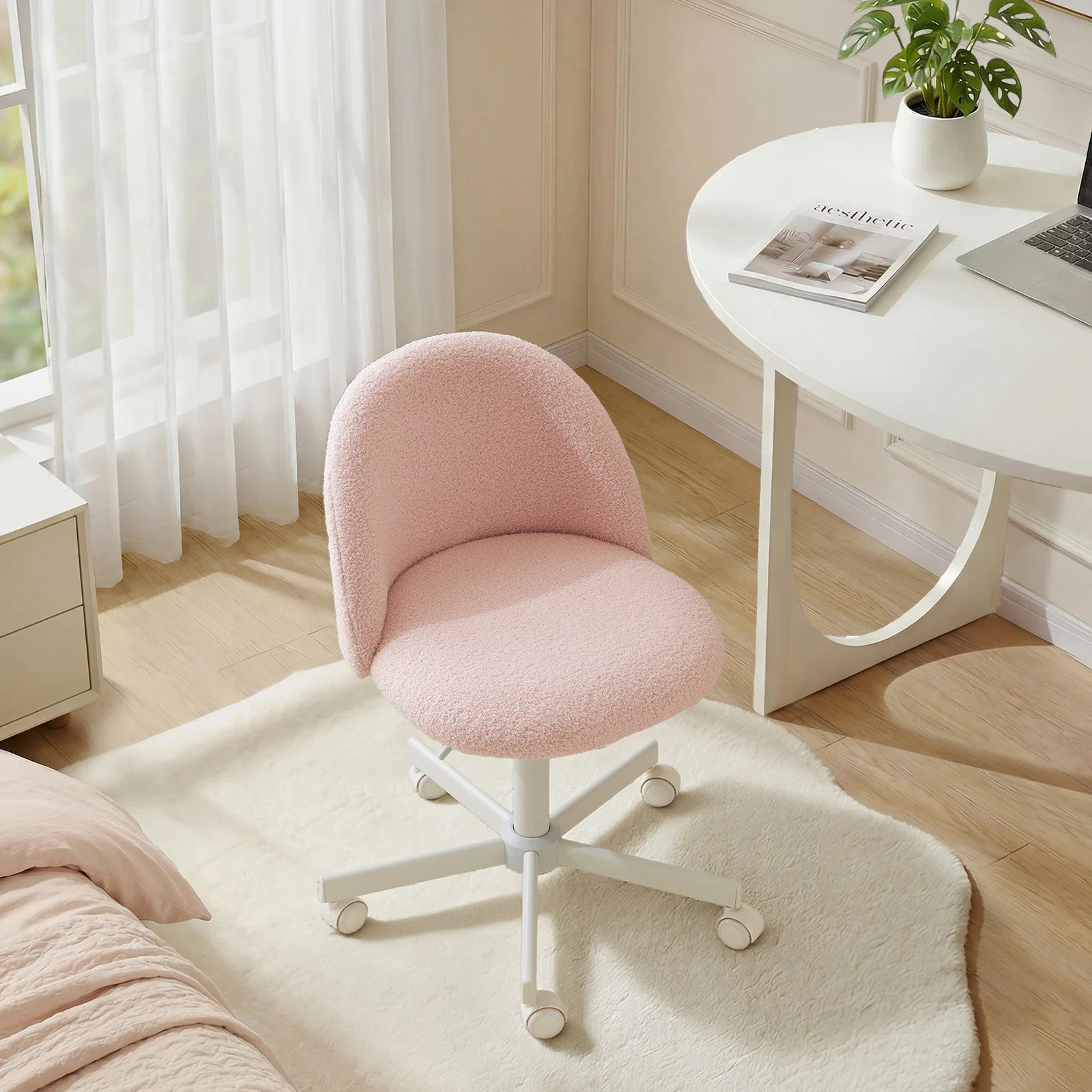 Modern Teddy Fleece Desk Chair Ergonomic Vanity Chair Small Office Chair with Wheels for Home Off... | Wayfair North America