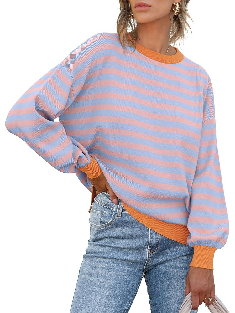 ANRABESS Womens Oversized Striped Sweaters Long Sleeve Crewneck Casual Side Slit Pullover Tops 20... | Amazon (US)