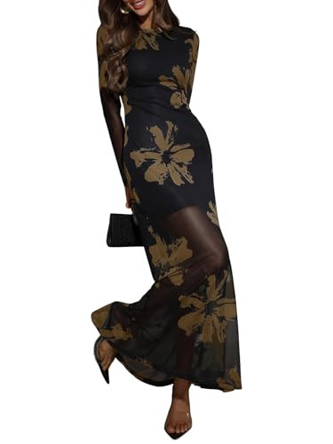Verdusa Women's Floral Mesh Maxi Dresses Long Sleeve Elegant Formal Fall Wedding Guest Dress Cock... | Amazon (US)