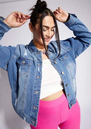 Plus Medium Wash Destroyed Denim Jacket | rue21