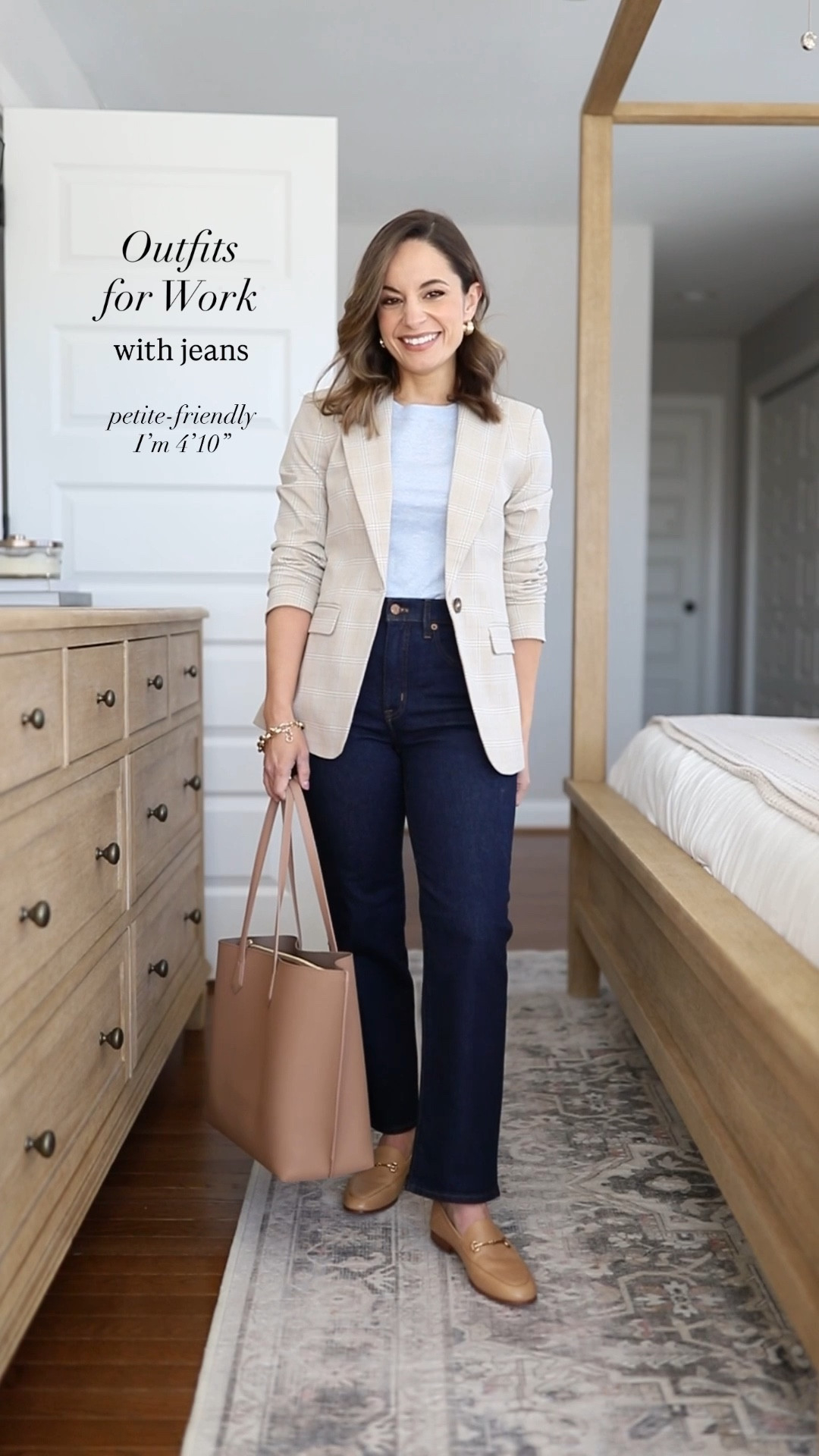 Petite-friendly outfits for work with jeans! 

Outfit 1: 
Jeans: petite 24 - 10” rise, 26” inseam 
Sweater: xxs 
Blazer: petite 00 
Loafers: tts French sand 

Outfit 2 
Jeans: 24 x 28” in stormy blue 
Button down: petite xxs 
Cardigan: petite xxs 
Shoes: tts 

Outfit 3
Jeans: petite 24 - 10” rise, 26” inseam 
Top: petite xxs

Outfit 4
Jeans: 24 x 28” in stormy blue 
Sweater: xs in oatmeal 
Blazer: petite 00 
Loafers: tts French sand 

Tote: quince 

#LTKPetite #LTKWorkwear
