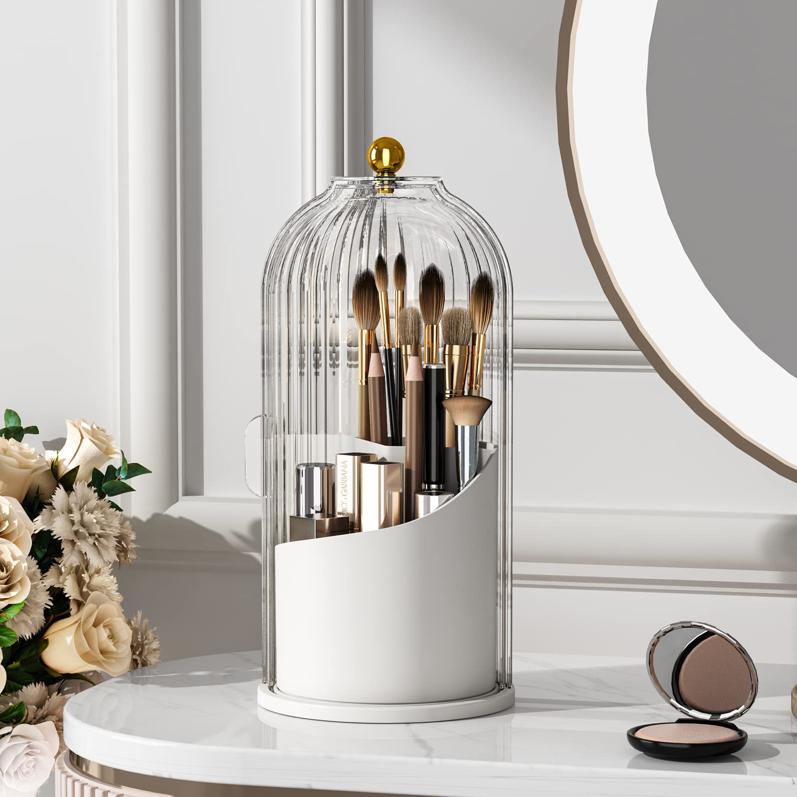 Makeup Brush Holder with Lid 360 Rotating Clear Dustproof Make Up Organizers for Vanity Bathroom ... | Amazon (US)