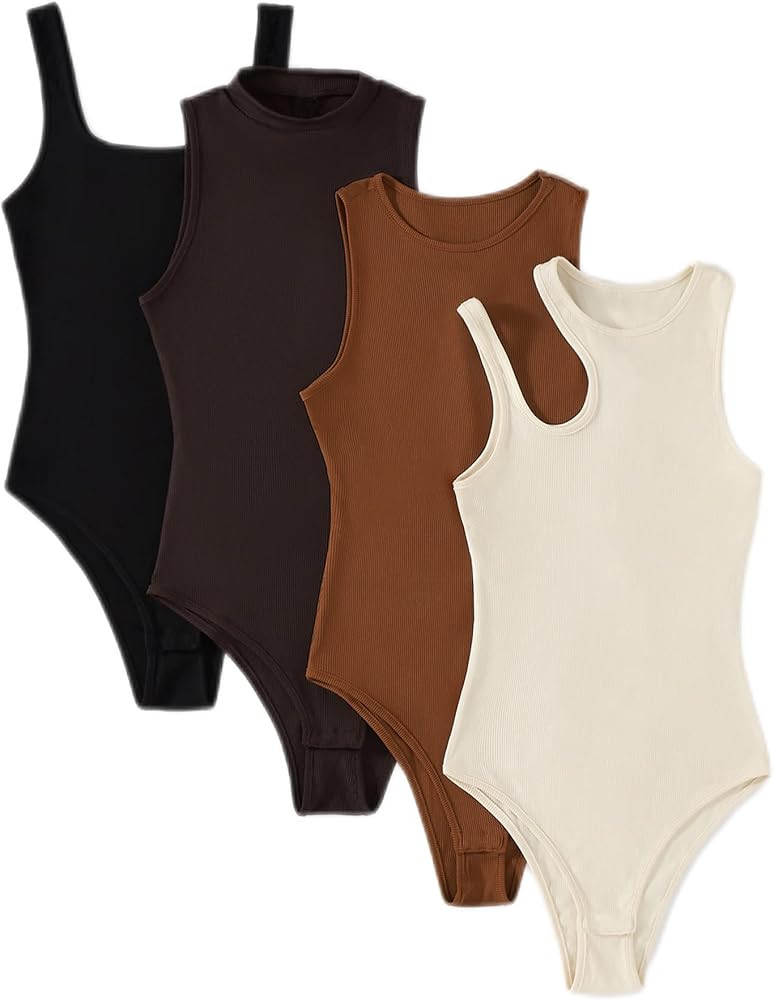 Milumia Women's 4 Piece Bodysuit Ribbed Sleeveless Crewneck Solid Basic Bodysuits | Amazon (US)