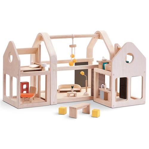 PlanToys Modern Classic Natural Rubber Wood Slide N Go Dollhouse | Kathy Kuo Home