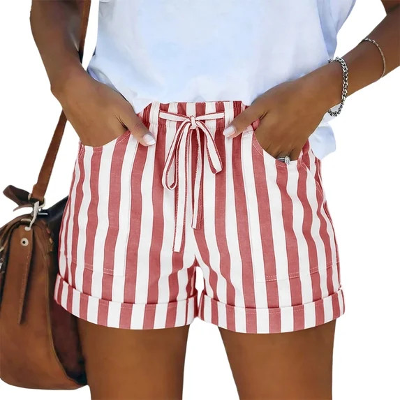 Womens Casual Summer Shorts, High Waist Elastic Drawstring Striped Shorts with Pockets, Loose Rol... | Walmart (US)