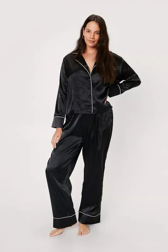 Plus Size Satin Contrast Piping Shirt and Pants Set | Nasty Gal (US)