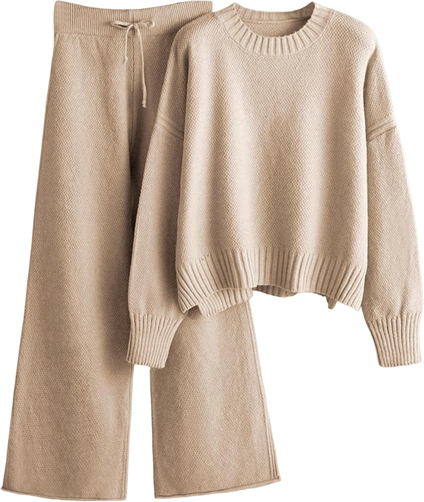Zaxqunty 2 Piece Outfits for Women Sweater Sets Knit Long Sleeve Tops Elastic Waisted Pants Loung... | Amazon (US)
