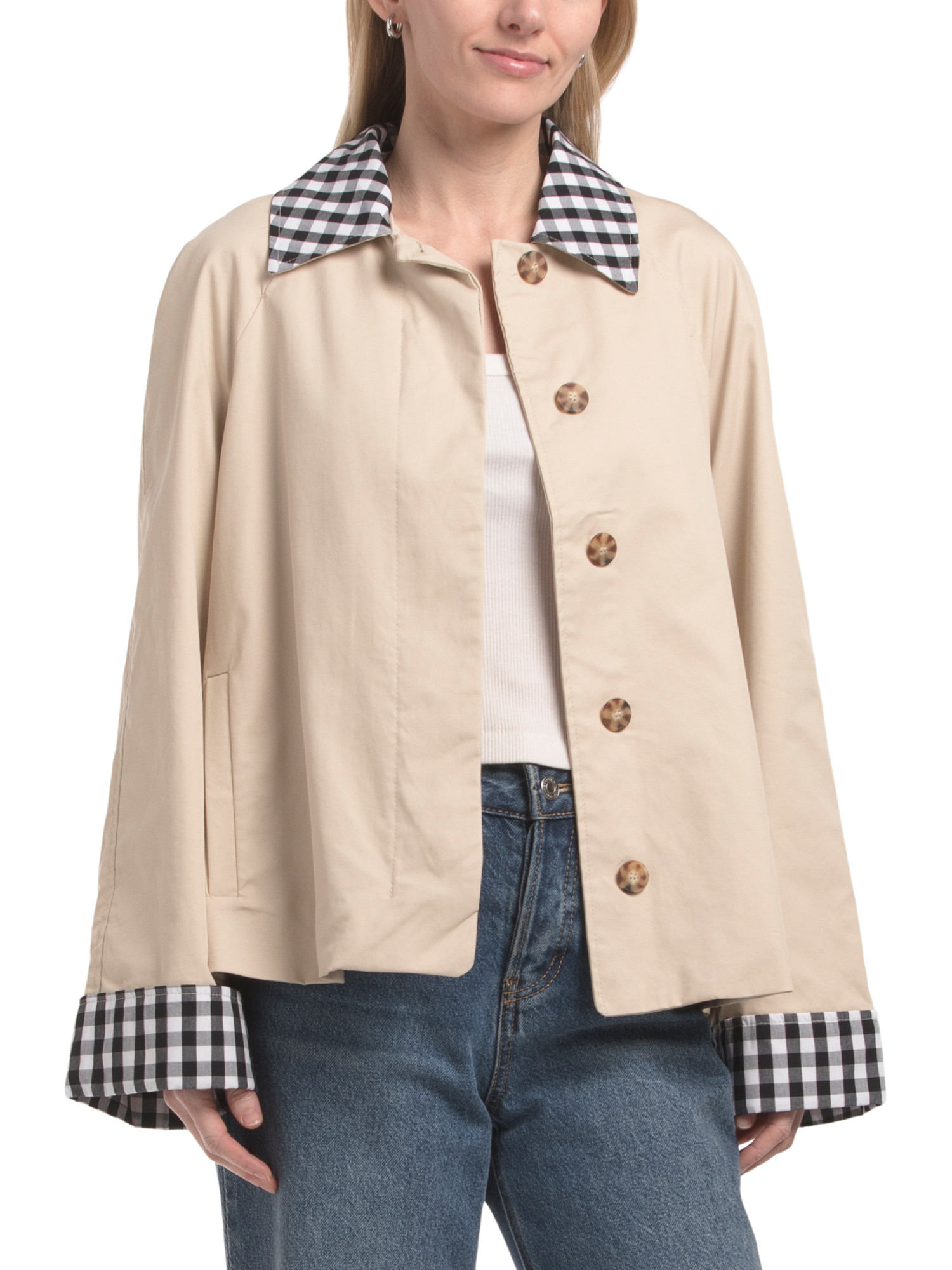 Cropped Trench Jacket With Hidden Placket And Gingham Collar | TJ Maxx