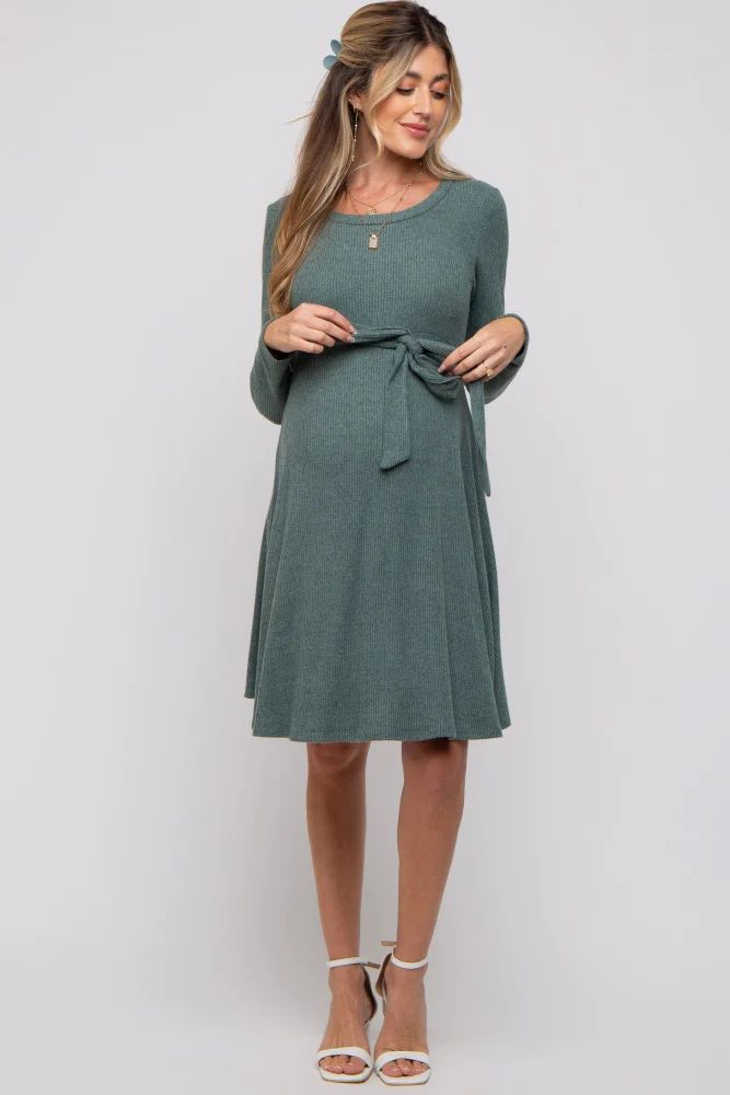 Green Soft Rib Knit Sash Tie Maternity Dress | PinkBlush Maternity