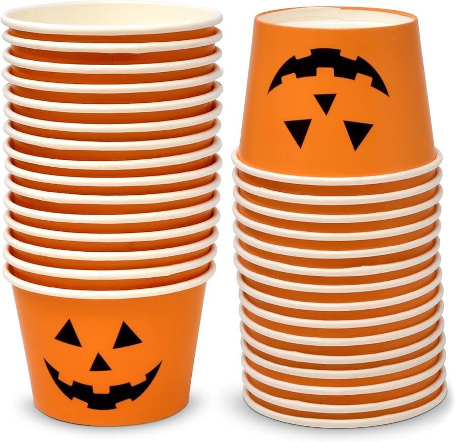 48 Count Halloween Treat Snack Cups 10 Oz. Jack O Lantern Disposable Paper Cup Dessert Ice Cream Bow | Amazon (US)