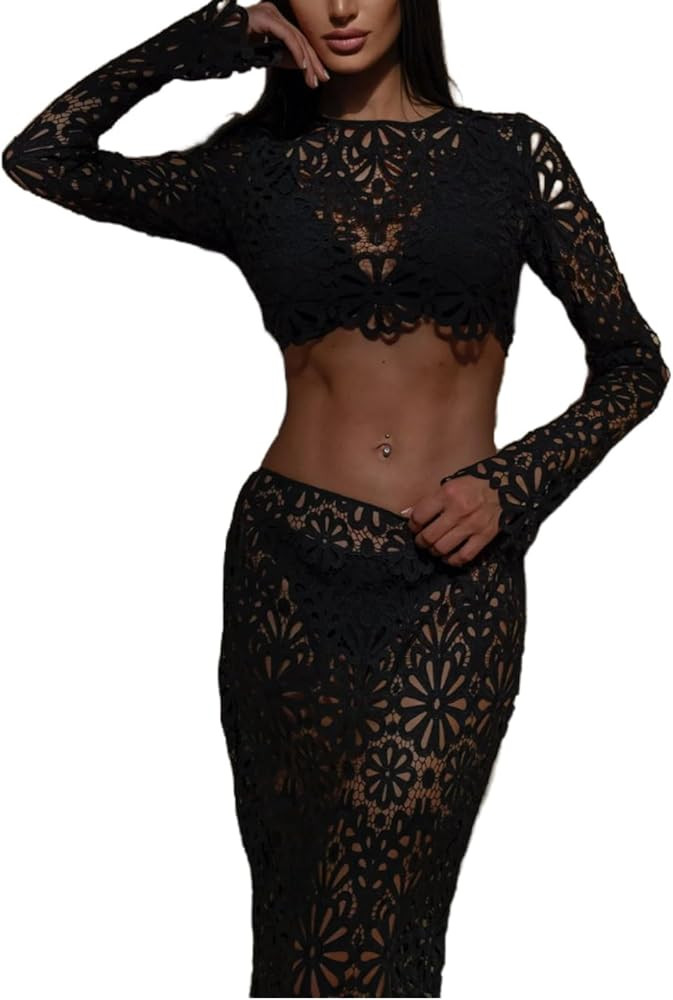 Womens Lace 2 Piece Outfits Long Sleeves Round Neck Hollow Out Top Maxi Skirt Vacation Sets | Amazon (US)