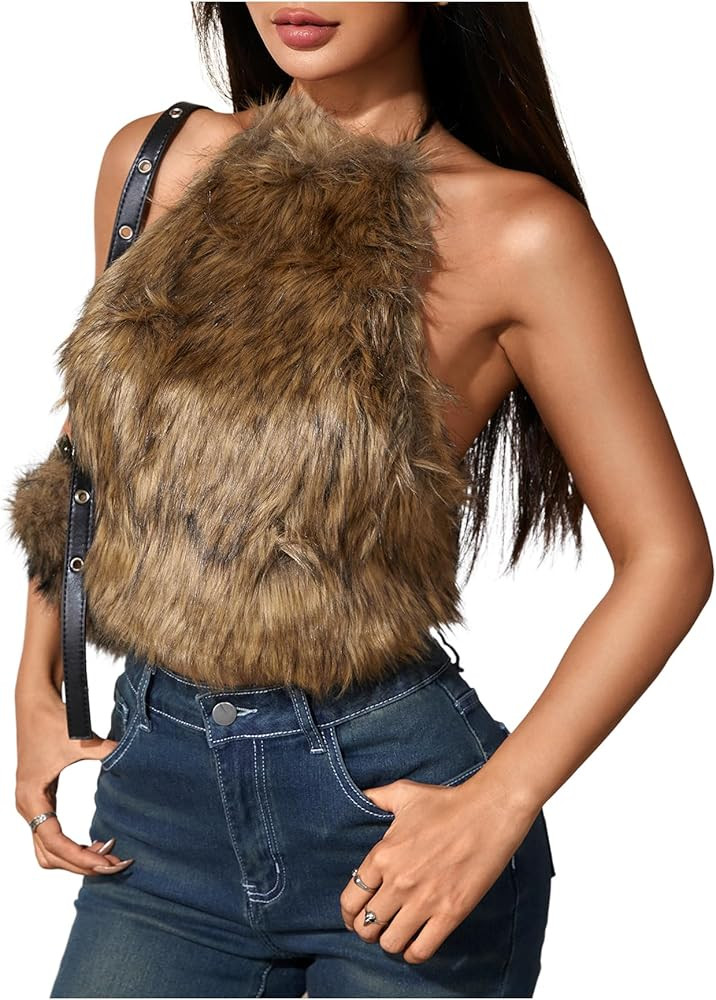 MakeMeChic Women's Faux Fur Halter Tops Tie Open Back Backless Sleeveless Y2k Crop Top | Amazon (US)