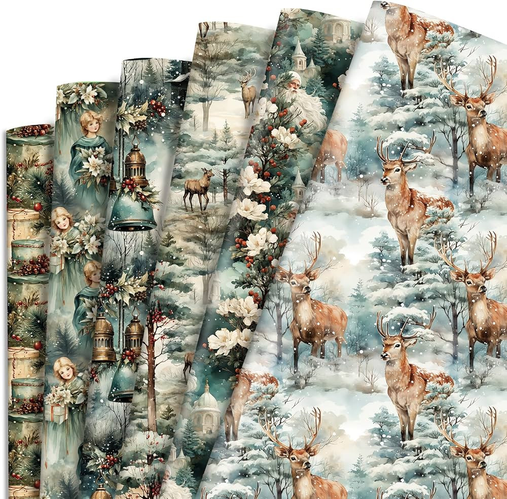 Vnaaem Watercolor Christmas Wrapping Paper 6 Style Reindeer Santa Forest and Flower Holiday Style... | Amazon (US)