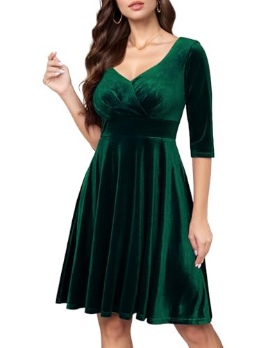 Bbonlinedress Womens Green Cocktail Dress Long Sleeve Velvet Christmas Party Winter Formal Wedding Guest Midi Dress V2-Dark Green M | Amazon (US)