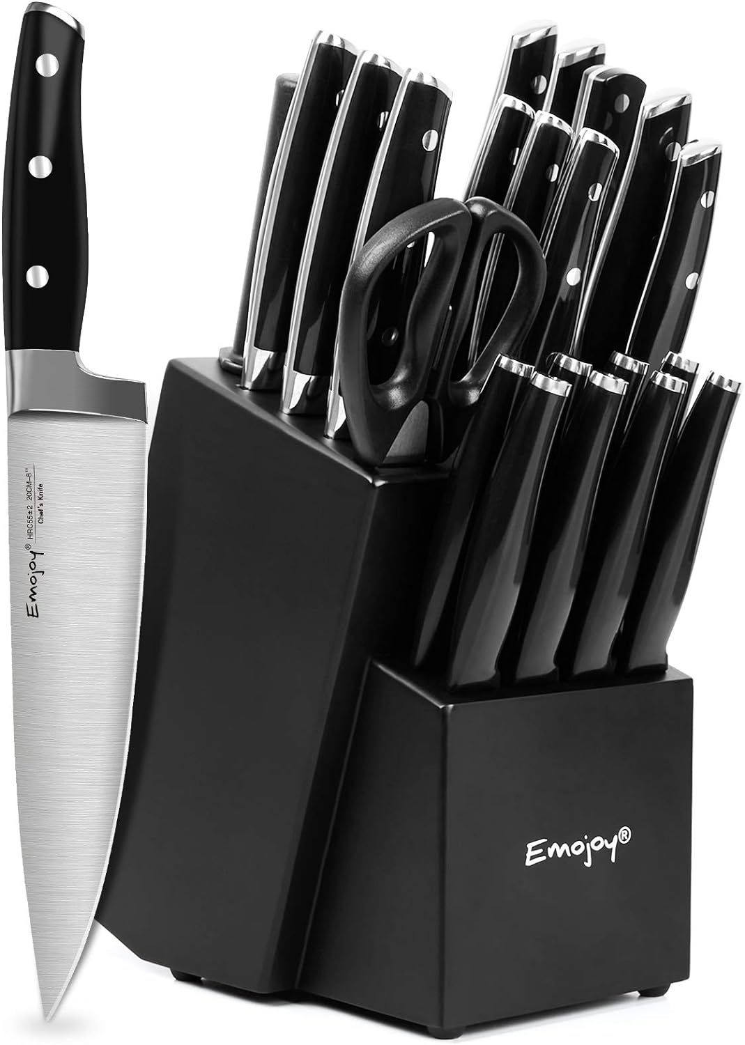 Knife Set with Block, 22 Pcs Kitchen Knives with Sharpener Black, German Stainless Steel Knives S... | Amazon (US)