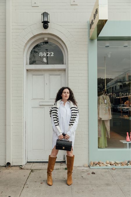 Can’t go wrong with basics and stripes. Loving these suede boots, oversized white button-down dress, and striped cardigan. 

#LTKworkwear #LTKshoecrush #LTKstyletip