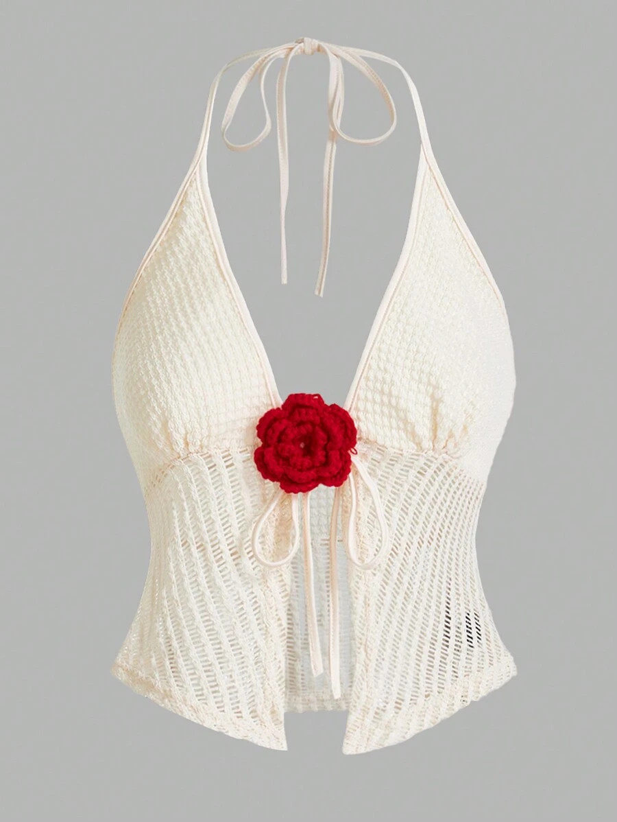 SHEIN ICON Y2k Summer Hawaiian Women Stylish Summer Hollow Out Halter Handmade Flower Embellished... | SHEIN