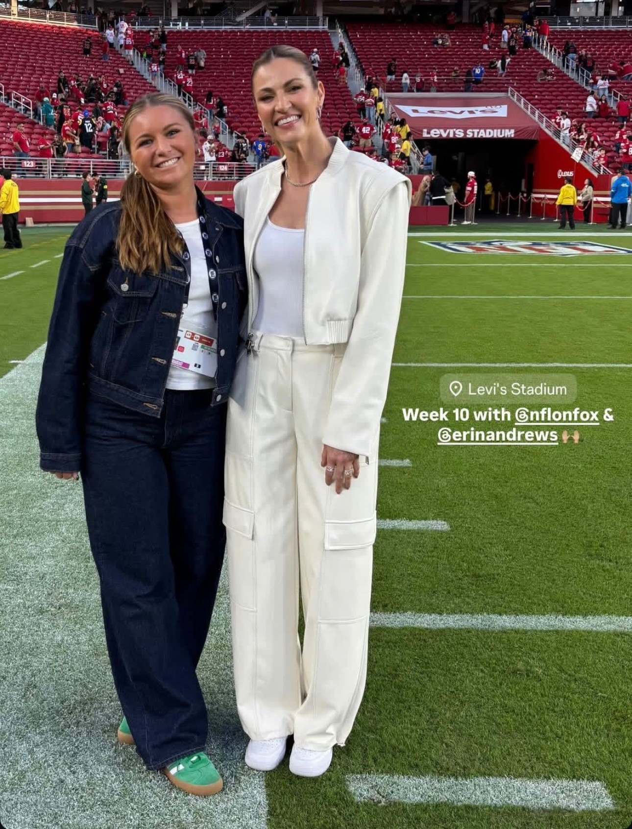 Erin Andrews ivory elevated cargo pant engineered in supple vegan leather, softly tailored for an easy drape. High rise waist, wide leg. Cinched ankle with utility drawcord. And matching Structured bomber silhouette engineered in supple vegan leather. Cropped sportif waist.