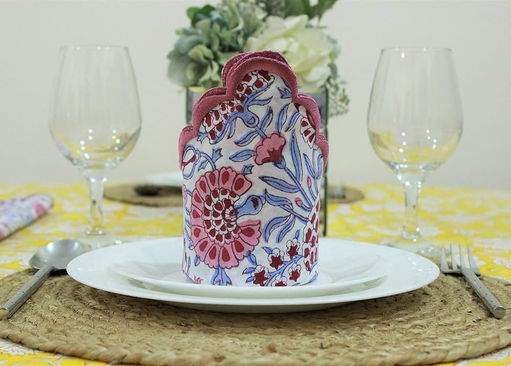 Ridhi Pigeon Blue with Pink Edge 100% Pure Cotton Farmhouse Wedding Cloth Dinner Napkins for East... | Amazon (US)