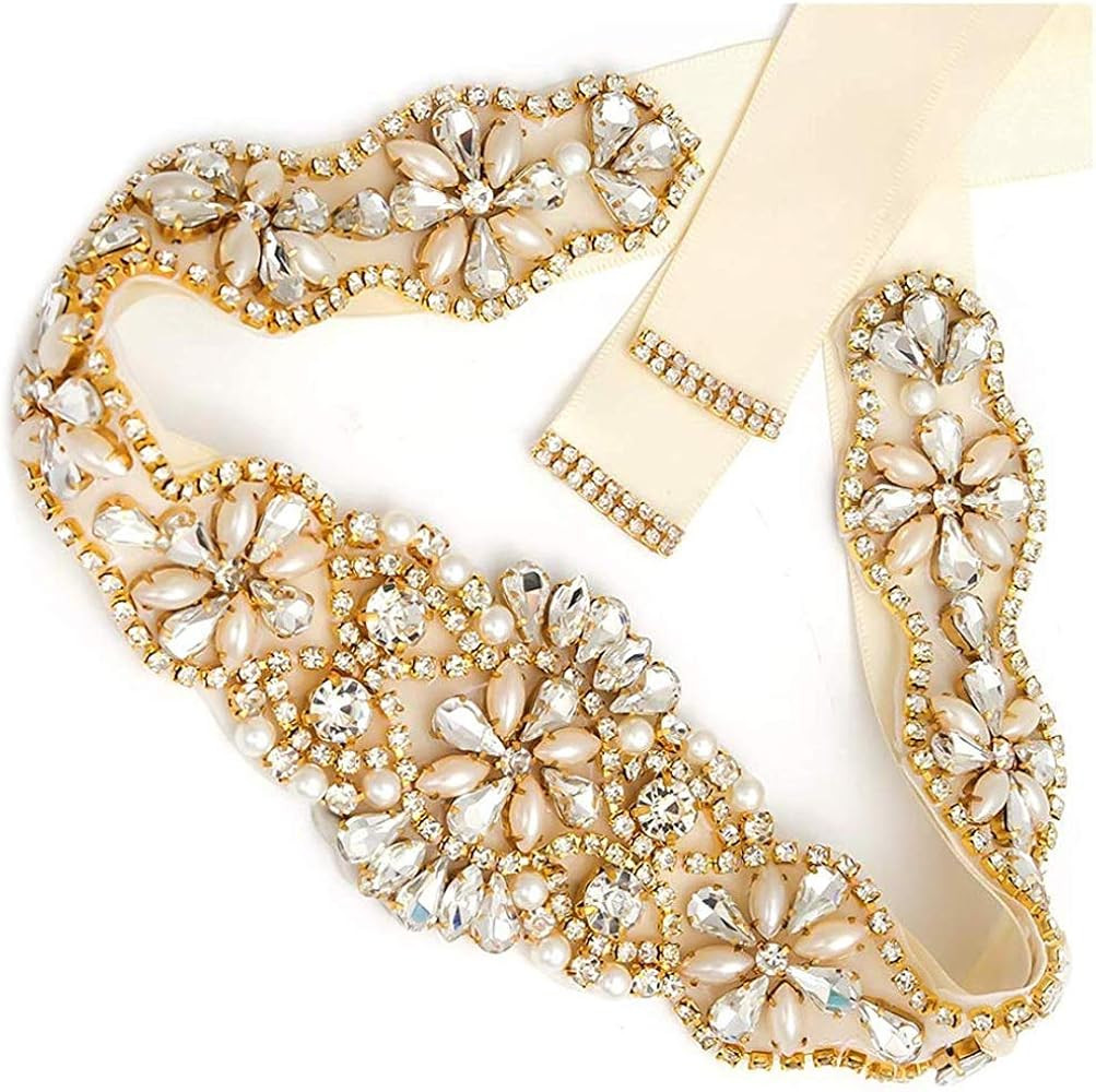 Women's Beaded Rhinestone Pearls Wedding Dress Belt Bridal Sash for Bridesmaid | Amazon (US)