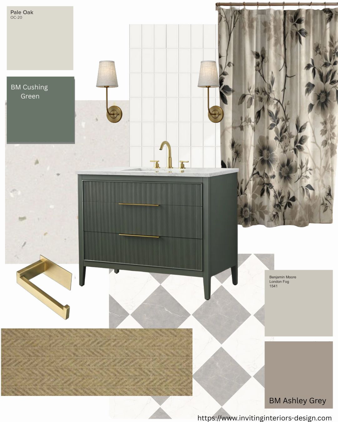 What makes this bathroom work? 
Timeless Terrazzo tile, or speckled tile, used in a modern setting. Designer tip: Terrazzo tile is making a comeback, have a look at it with fresh eyes. Checker board tile... this tile will never date. 🥰Subway tile, used here on the vertical for a fresh, visual difference. A modern vanity in a dark green for warmth. The shower curtain is soft and feminine, keeping the balance between masculine and feminine. 
Are you struggling with tile and style choices for your bathroom? 
Contact me for more information!

Benjamin Moore Pale Oak, Cushing Green, London Fog, Ashley Grey
#bathroomdecor #bathroomrenovation #masterbathroomdesign #MainBathroom #SmallBathroomDesign #amazonmusthaves #amazonfinds #wayfairdeals #wayfairbathroom #wayfairhome #amazonhomefinds #amazondeals #invitinginteriors #moodboards #BathroomStyles #bathroomdesign #designerbathrooms #interiordesigner #stylist #vanity #fashion #tiles #paint
#LTKbeauty #LTKhome #LTKstyletip 

 #LTKbeauty #LTKstyletip #LTKdatenight
