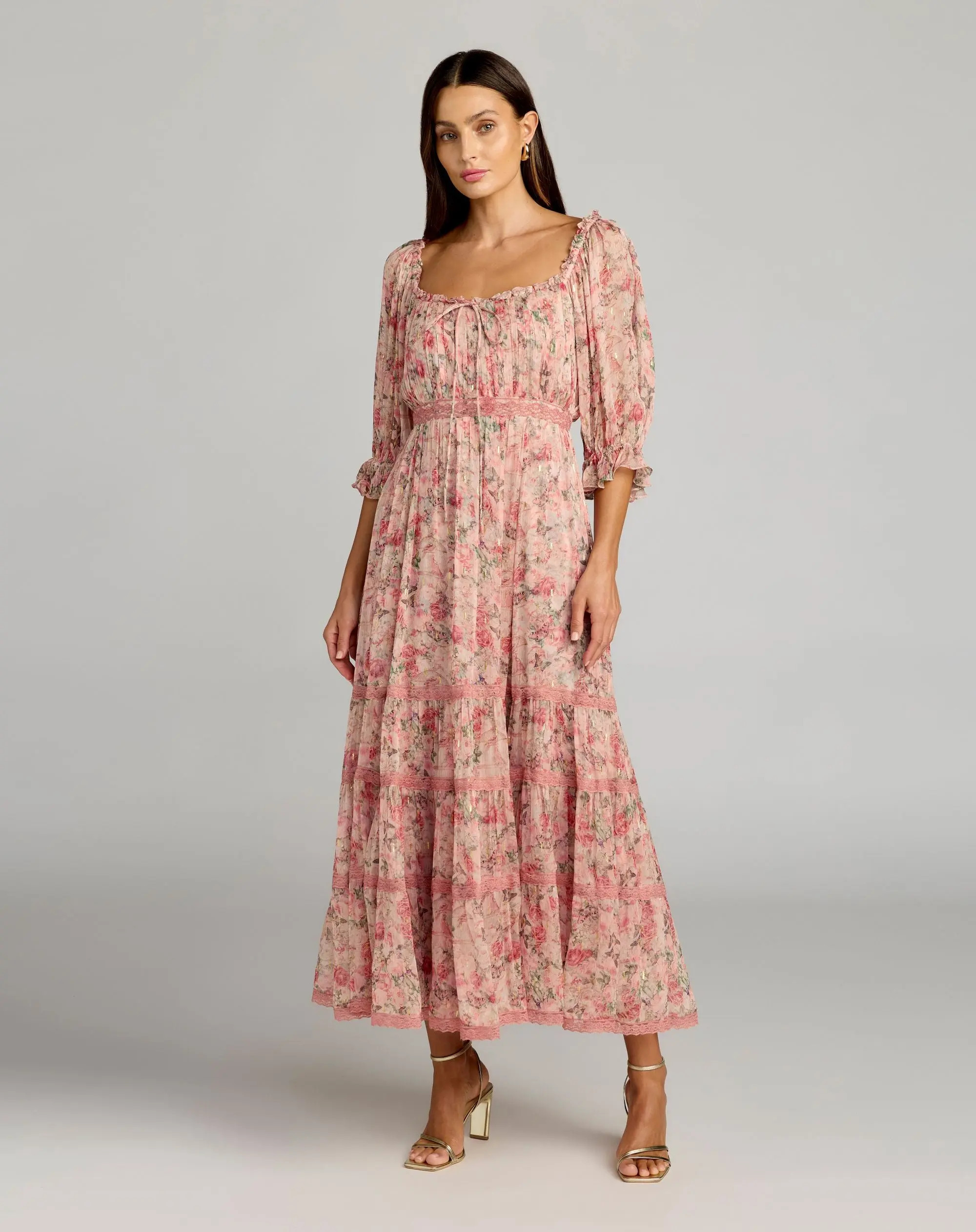 Mac Duggal - Pink Floral Scoop Neck Midi Dress With 3/4 Sleeves - Pink Multi / US 18 | Mac Duggal