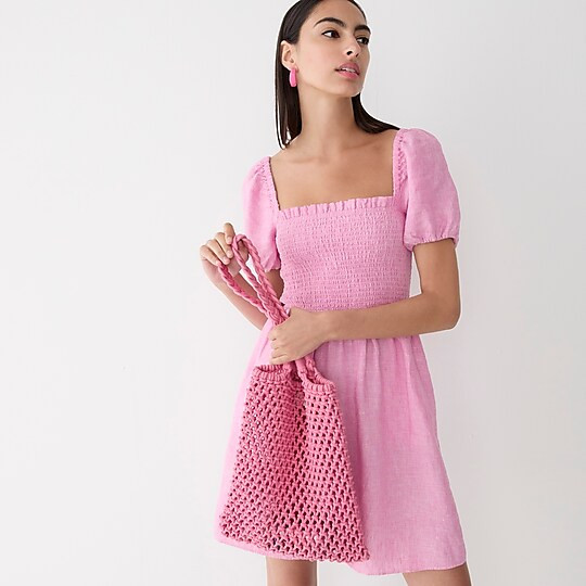 Puff-sleeve smocked linen mini dress | J. Crew US