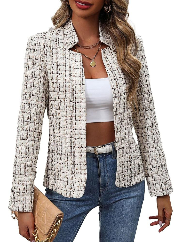 Mina Self 2025 Fall Women's Tweed Plaid Blazer Jacket - Open Front Stand Collar Fully Lined Casua... | Amazon (US)