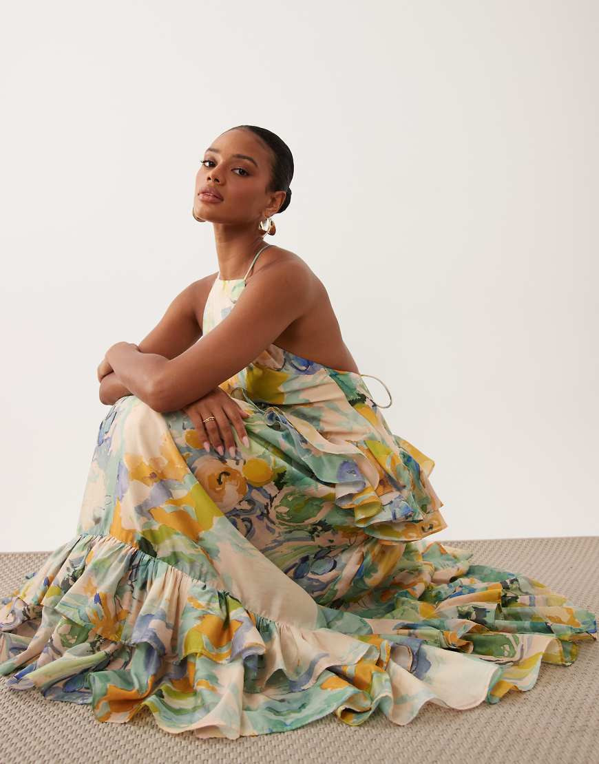 ASOS DESIGN pinny double layer maxi dress with ruffle detail in blue and yellow abstract print-Multi | ASOS (Global)