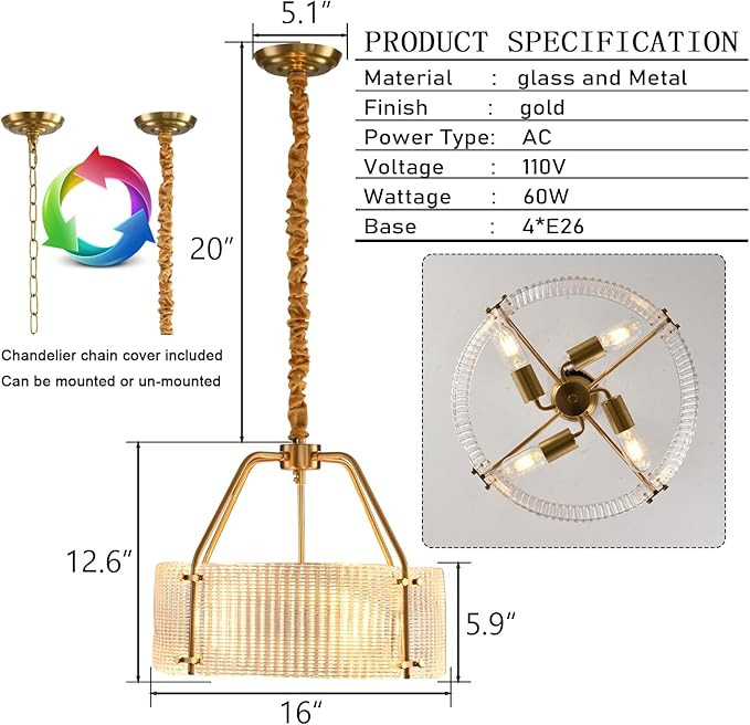 Gold Glass Drum Chandelier for Dining Room,16" Modern Textured Glass Chandelier,4-Light Round Kit... | Amazon (US)