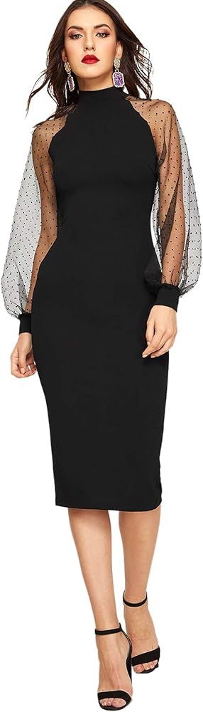 Women's Mock Neck Long Mesh Sleeve Zipper Back Sheath Dress | Amazon (US)