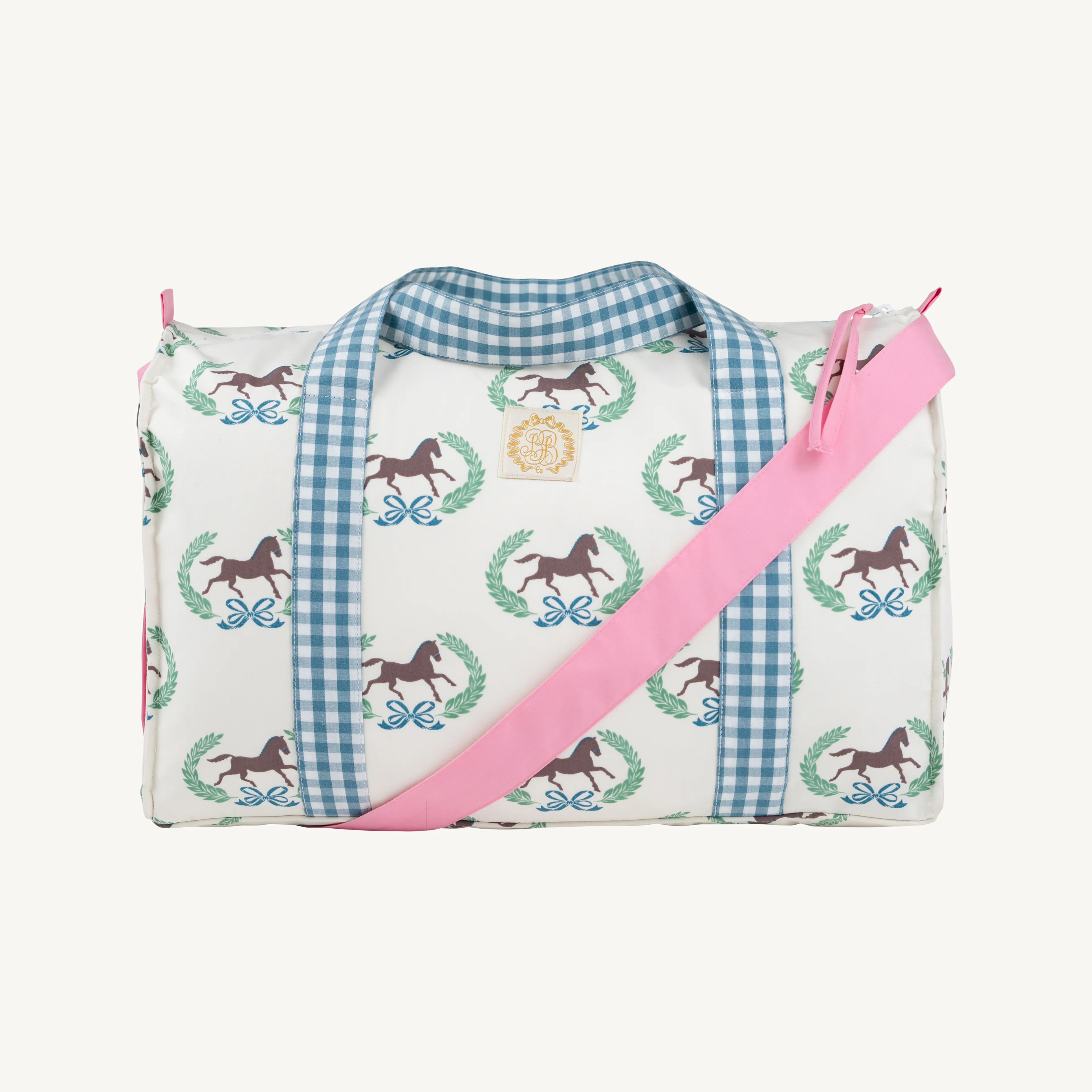 Stewart Sleepover Tote - Highland Horses with Barnsley Blue Gingham & | The Beaufort Bonnet Company