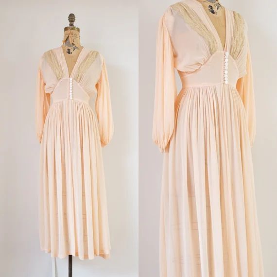 vintage 1930s palest pink chiffon and lace dressing gown | 30s peachy pink sheer robe with slight... | Etsy (US)
